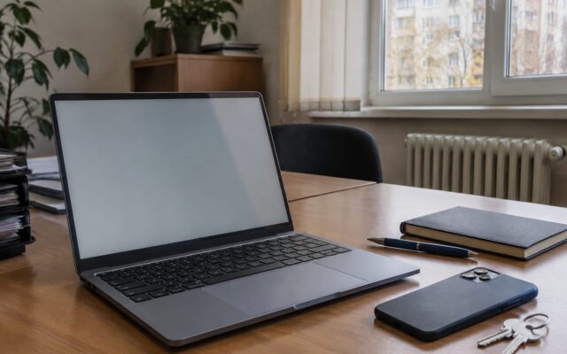 Laptop și telefon pe birou
