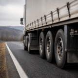 Un cadru lateral de jos, de aproape, al unui camion alb cu remorcă cu prelată care circulă pe partea dreaptă a unei șosele cu două benzi