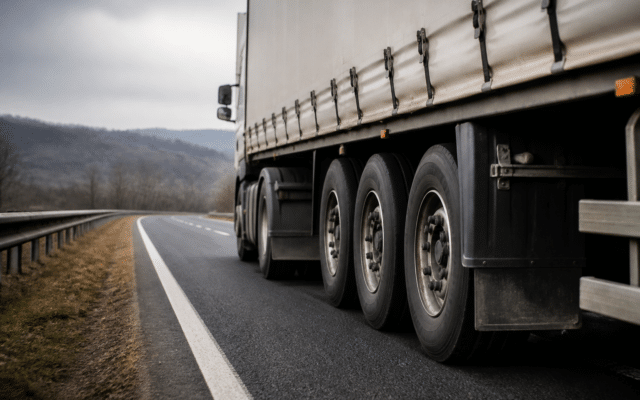 Un cadru lateral de jos, de aproape, al unui camion alb cu remorcă cu prelată care circulă pe partea dreaptă a unei șosele cu două benzi