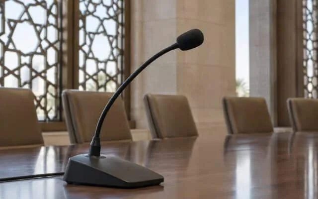 Microfon de conferință și scaune goale