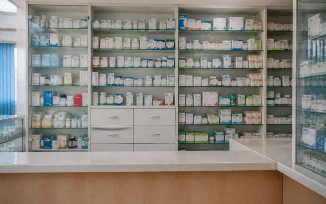 Interiorul unei farmacii cu rafturi albe pline cu diverse cutii de medicamente de diferite culori și dimensiuni